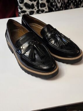 Franco Sarto Black Patent Tassel Loafers with Tan Trim